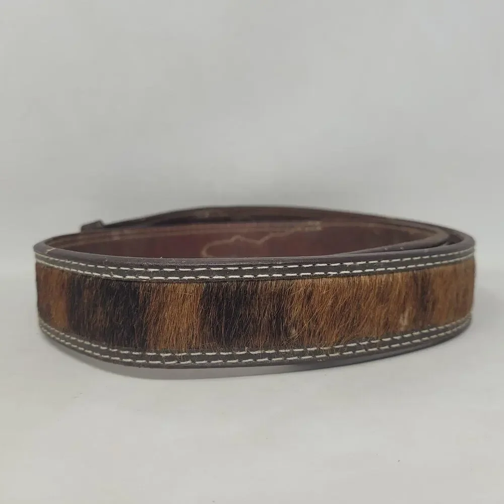 Larry Mahan Belt 36 Brown Leather‎ Cow Hair Studded Tooled Western Cowboy Rodeo